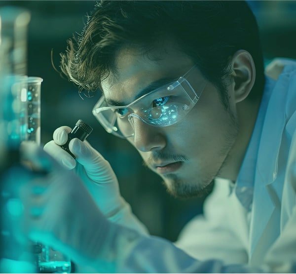 Profissional em um laboratório analisando um microscópio